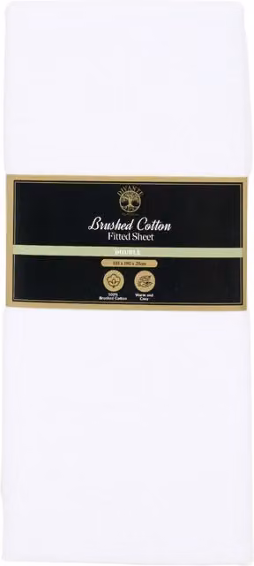 Divante White Breathable Flannelette Brushed Cotton Fitted Sheet, W/D/H: 140 x 200 cm