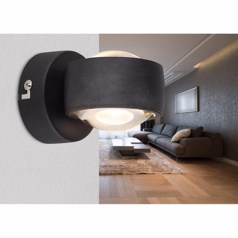 Globo Lighting Modern Round LED Up and Down Wall Light in Matt Black with Transparent Glass Shade, Warm White 3000K – 9