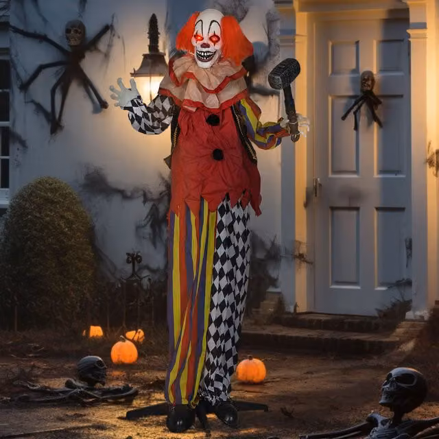 OUTSUNNY Sound Activated Halloween Animatronics Clown with Red Light Up Eyes, Multicolour