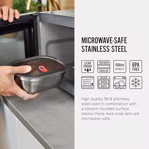 Black + Blum Set of 2 Stainless Steel Food Boxes in Grey and Red, Leakproof and Microwave Safe – 2