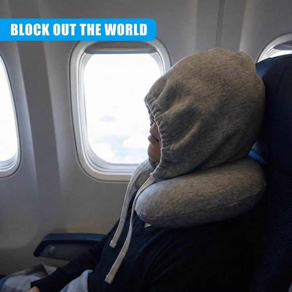 EONLION Grey Contoured Unisex Travel Neck Pillow with Hoodie – 3