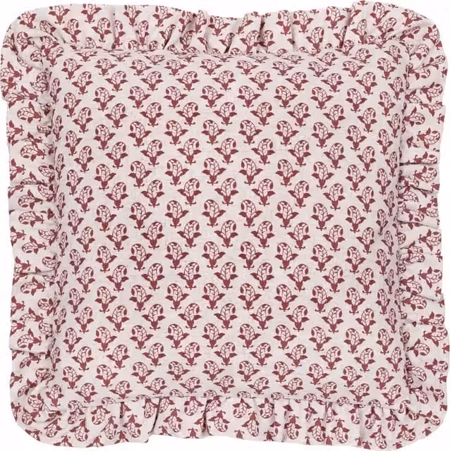 Make It A Home Lulah Block Printed Ruffle Linen Cushion in Red with Feather Filling