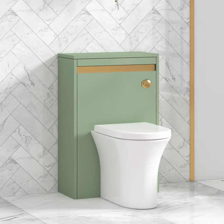 Royal Bathrooms Orion Mint Sage WC Unit with Breeze Rimless Toilet Pan, Seat and Cistern with Brushed Brass Accent Trim, Width: 54 cm