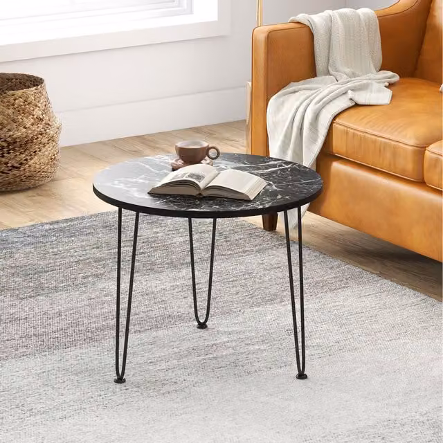 Costway Modern Round Faux Marble Coffee Table in Black