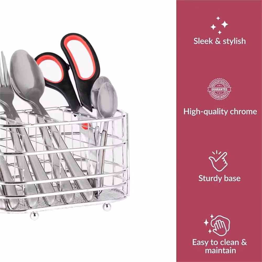 KORVIXA Silver Chrome Metal Cutlery Caddy Oval Kitchen Utensil Holder – 4