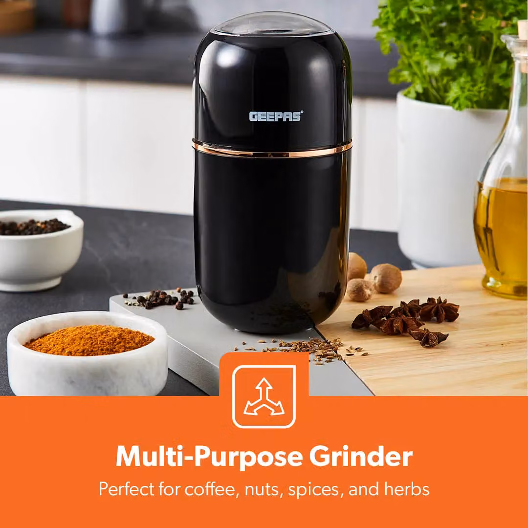 Geepas 200W Coffee Grinder with Stainless Steel Blades, White and Black, 80g Capacity – 5