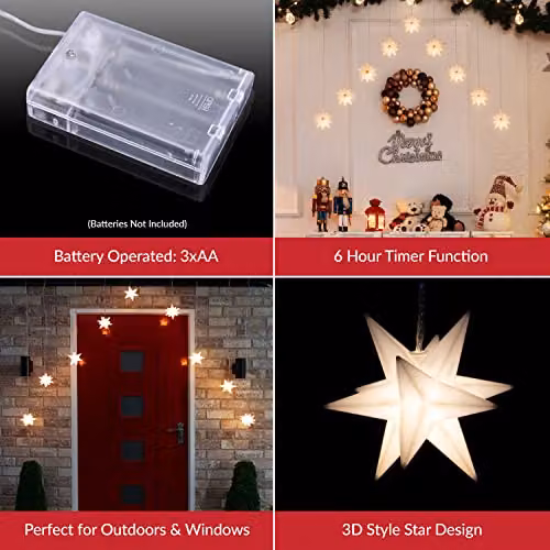 The Christmas Workshop 3D Star Curtain Lights, Warm White, Battery Operated, 2m – 3