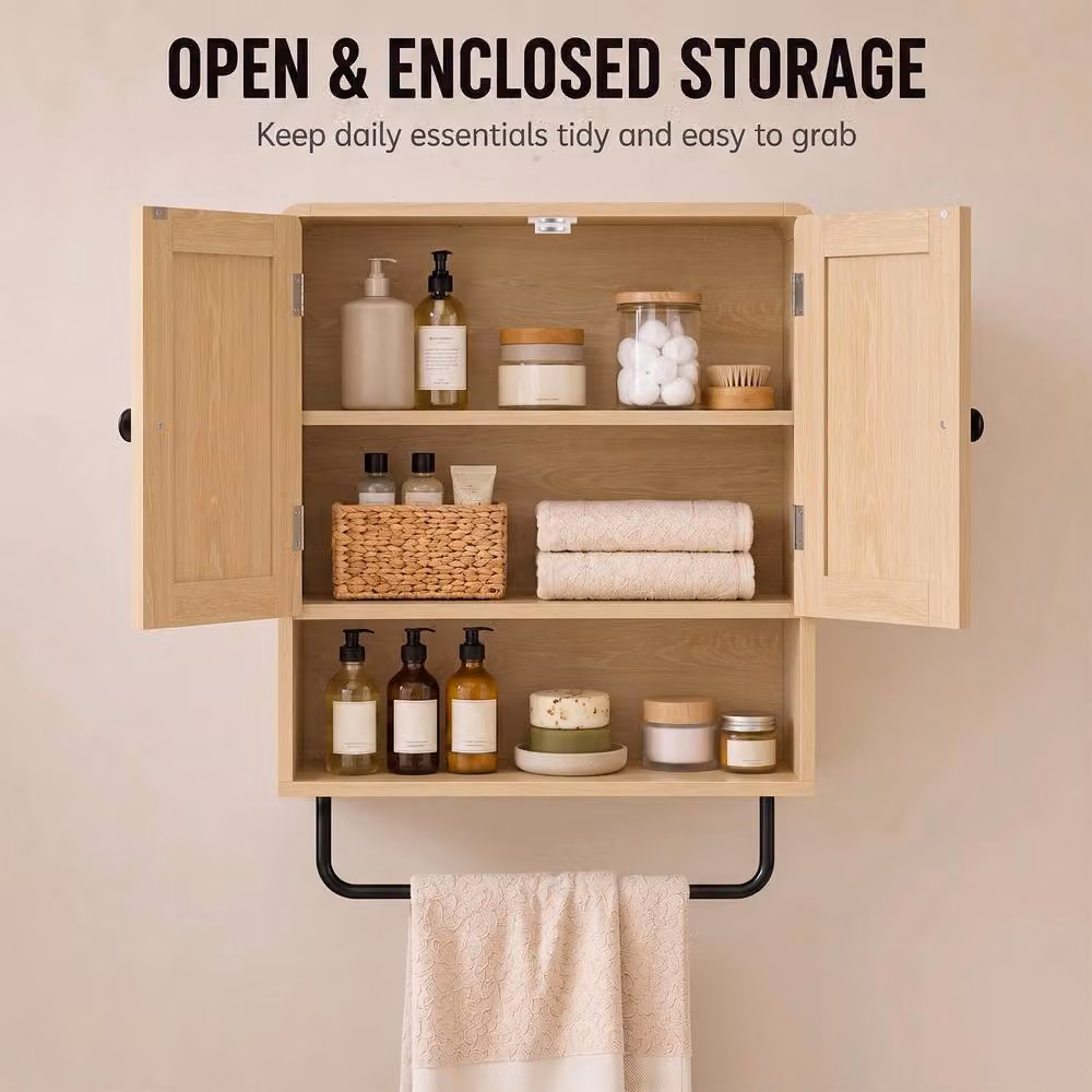 HOMCOM Wall Mounted Bathroom Cabinet with 2 Hinged Doors and Internal Shelf, Natural Oak – 2