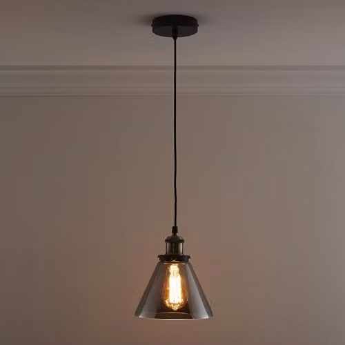 K LIVING Lucy 1 Light Hanging Grey Smokey Glass Ceiling Pendant with Gold/Brass Metal Details and Included LED Bulb, H 120 cm x W 18 cm x D 18 cm