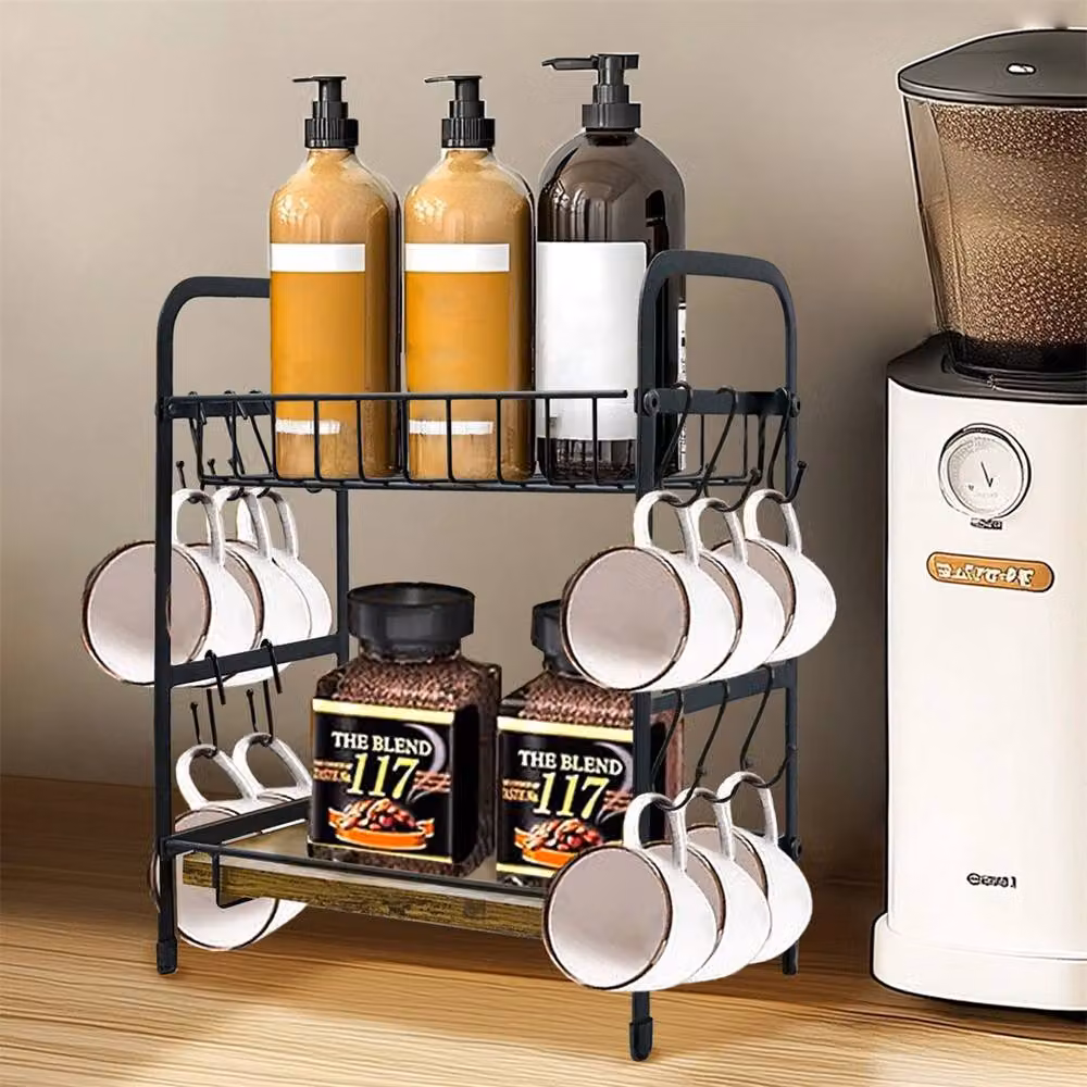 ERGOVEXA Black Coffee Mug Cup Display Rack with Shelf and Hooks, W/D/H: 35.5 x 32.0 x 12.0 cm – 5