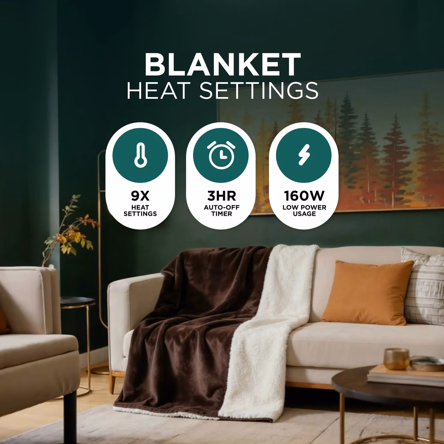 DMD Collective Heated Electric Blanket Throw in Brown with Fleece and Sherpa, 9 Heat and Timer Settings, W/D/H: 120 x 160 cm, Machine Washable – 3