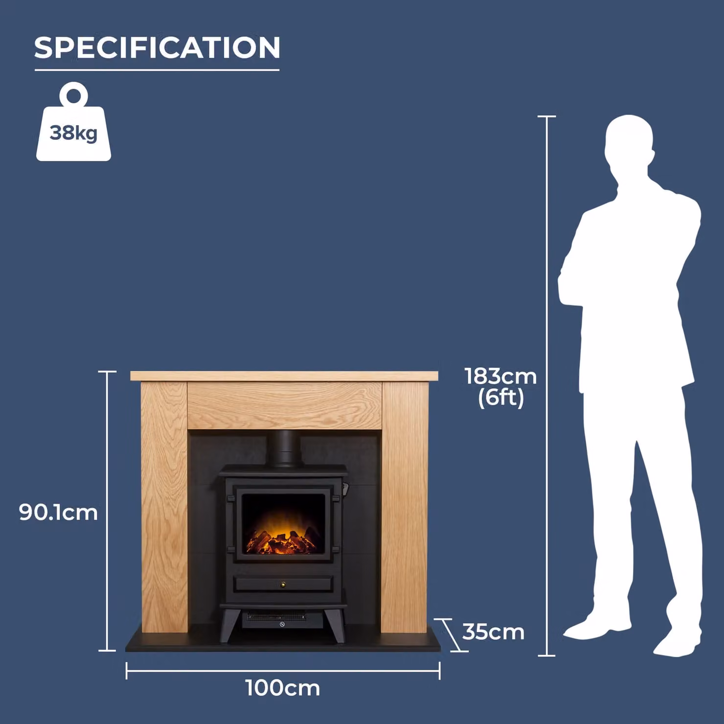 Adam Fires & Fireplaces Chester Stove Fireplace in Oak and Black with Hudson Electric Stove in Black, 39 Inch – 5