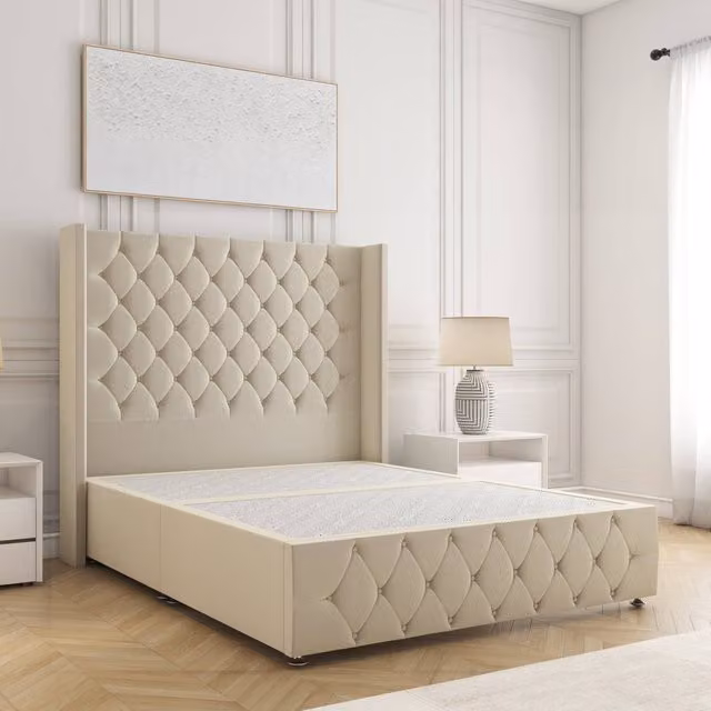 BSSPOKE Ruby Divan Bed in Beige Plush Velvet with 54 inch Headboard, Double Size, W/D/H: 140 x 200 cm