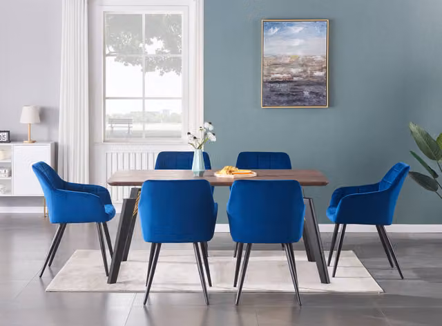 Life Interiors Camden Cosmo LUX Dining Set with Rectangular Table and 6 Chairs in Black, Gold and Blue