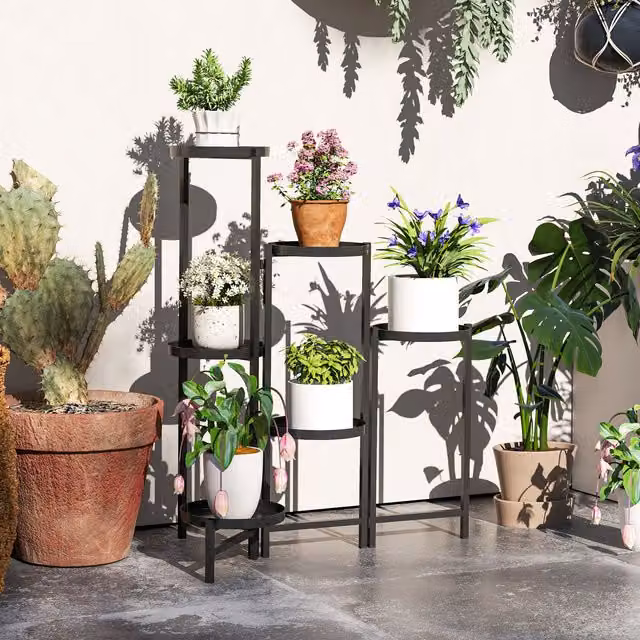 Outsunny 3 Tier Foldable Corner Plant Stand, Black Metal Planter for Indoor and Outdoor Use, W/D/H: 40 x 40 x 80 cm – 1