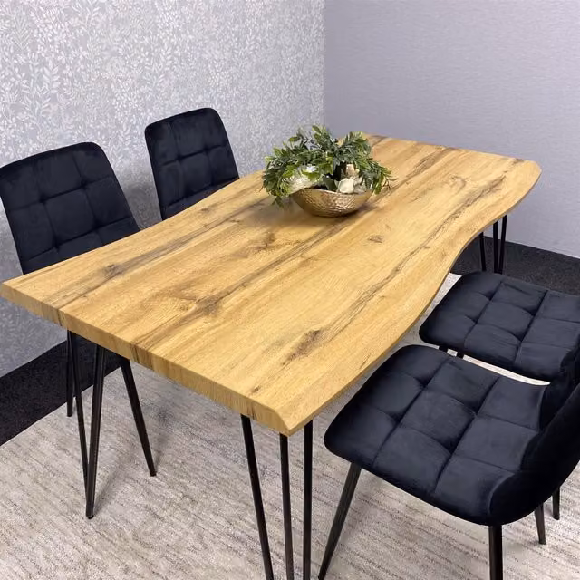 Kosy Koala Arizona Dining Table and Velvet Chairs Set in Black and Brown with Rustic Wood Finish, Width: 117 cm