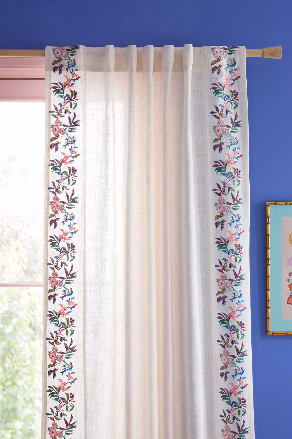 Sophie Robinson Flourish Floral Embroidered Tab Top Voile Curtain Panel, Multicolour, Width: 140 cm, Drop: 137 cm – 2