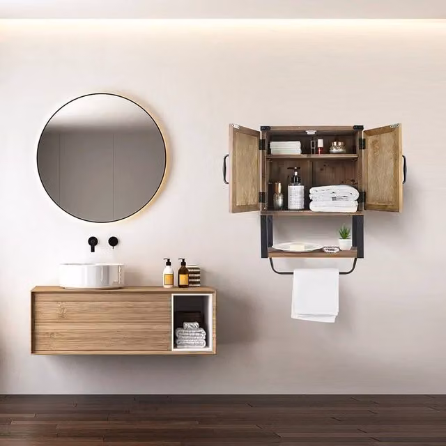 EONLION Brown Wall Mounted Bathroom and Hallway Storage Cabinet with Hinged Doors and Internal Shelves