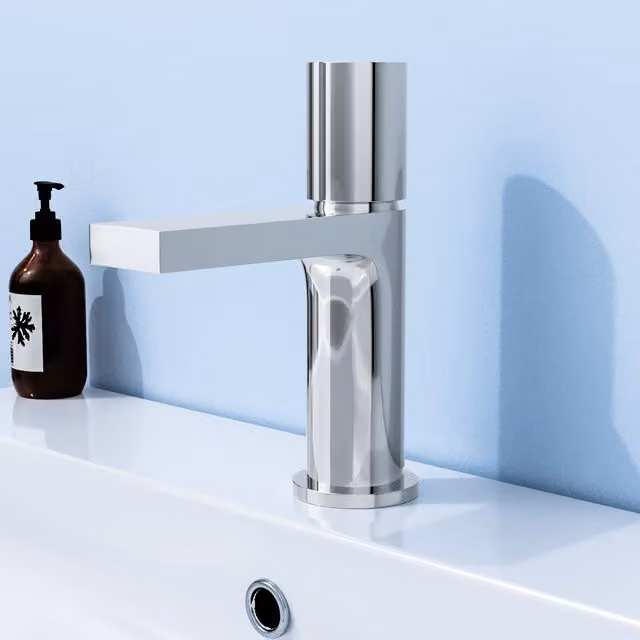 Nes Home Chrome Handleless Futuristic Basin Mixer Tap, Deck Mounted with Brass Core in Silver
