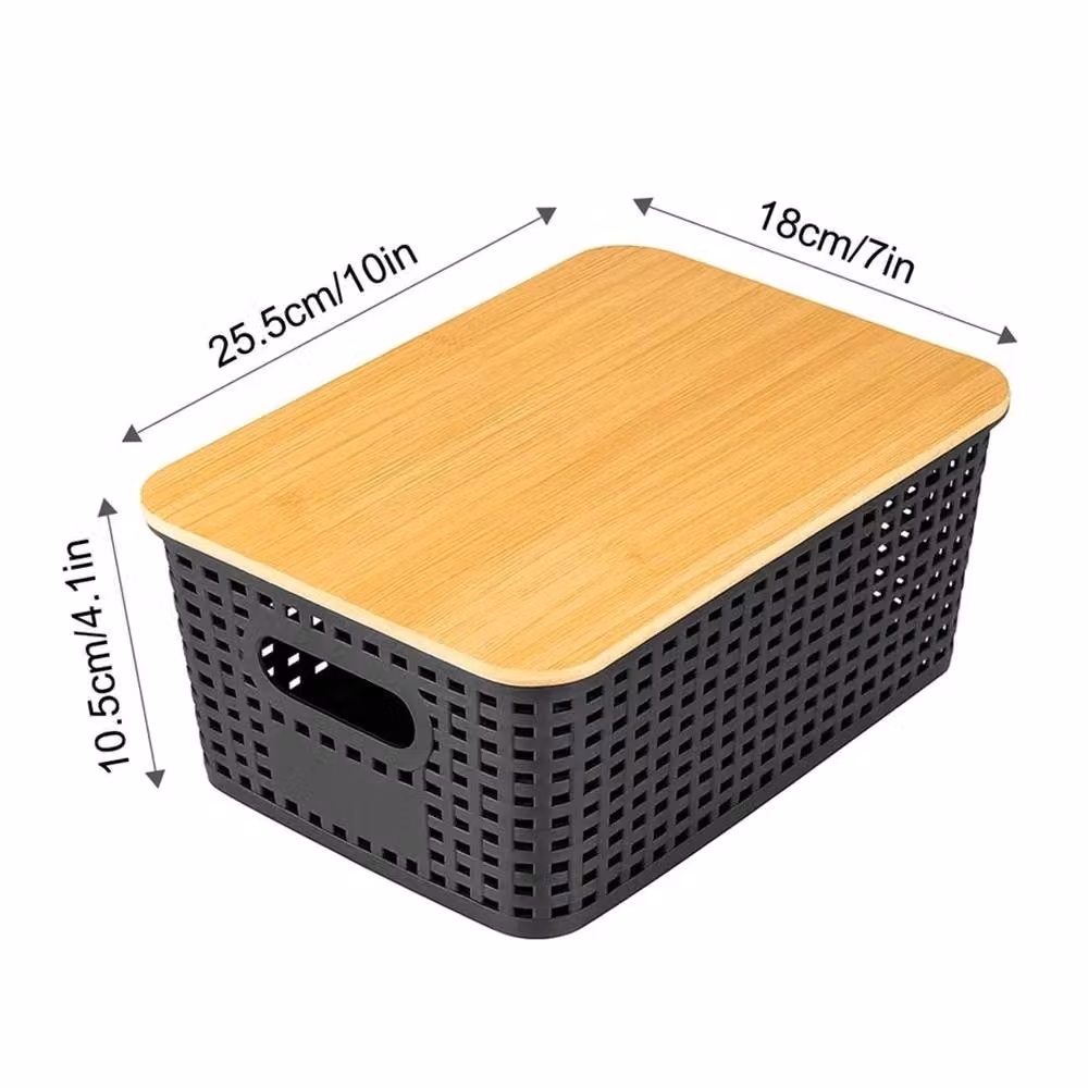 VOGREX 6 Piece Black Plastic Stackable Storage Bins with Bamboo Lids – 2