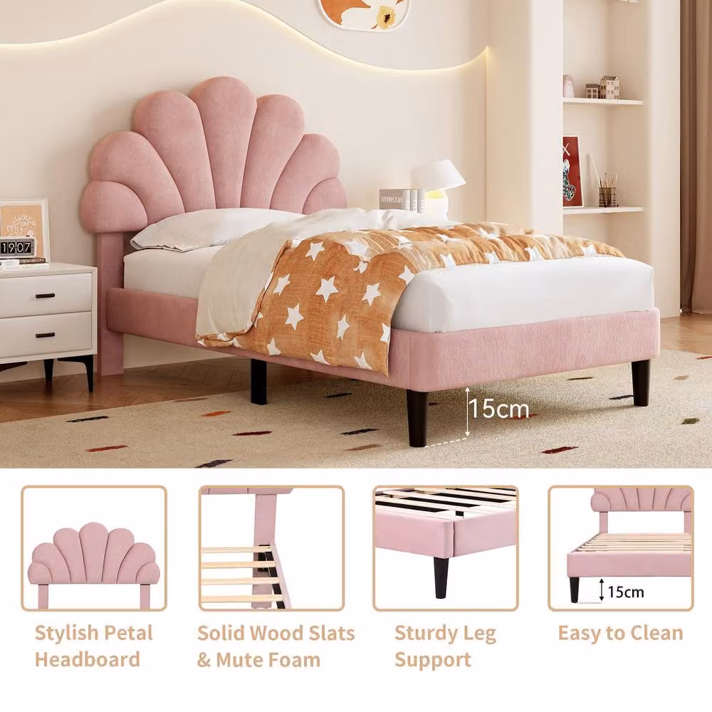 Merax 3ft Single Velvet Upholstered Bed with Adjustable Chic Petal Headboard in Pink, W/D/H: 90 x 190 cm – 2