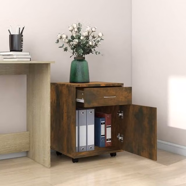 Berkfield Home Rolling Cabinet in Smoked Oak Brown, W/D/H: 45 x 38 x 54 cm