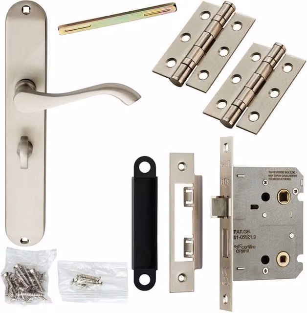 Loops Door Handle and Bathroom Lock Pack in Satin Chrome with Scroll Round Tall Slim Backplate