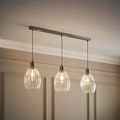 ValueLights Cheltenham 3 Drop Bar Ceiling Light in Brushed Chrome with Clear Ribbed Glass – 2