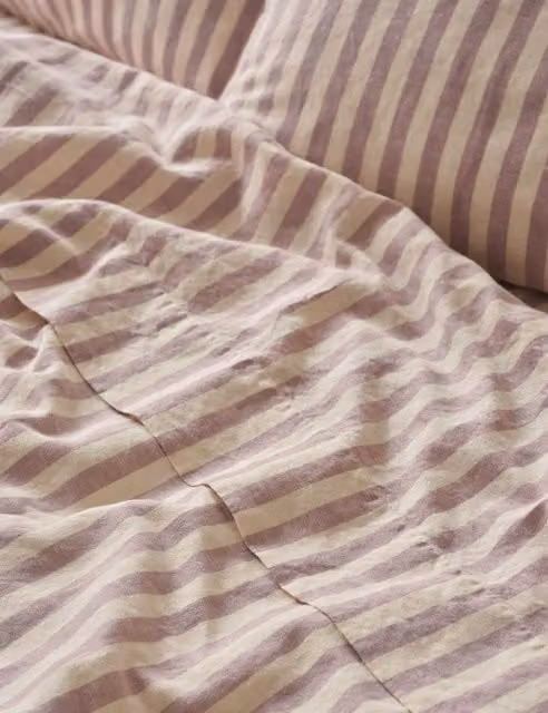 Piglet In Bed Striped Linen Rich Flat Sheet, Purple Mix, W: 180 cm, L: 200 cm