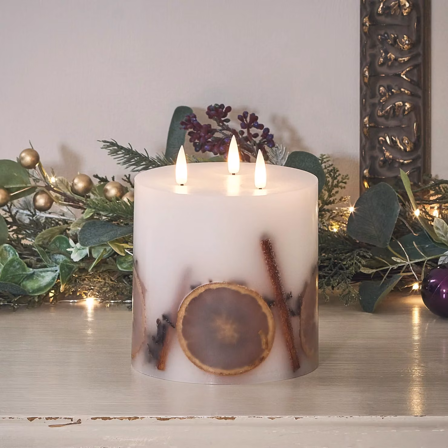 TruGlow White 3 Wick Winter LED Pillar Candle with Remote Control and Flicker Effect