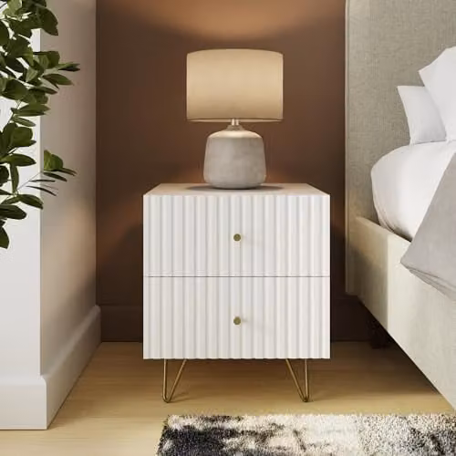 GFW Thalia White Ribbed 2 Drawer Bedside Table, W/D/H: 40 x 40 x 46.5 cm
