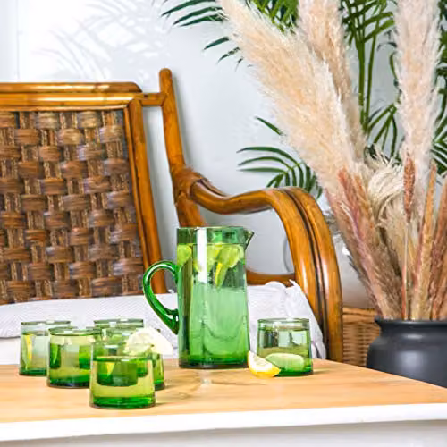Nicola Spring Merzouga 7-Piece Recycled Glass Tumbler and 1L Jug Set in Green – 2