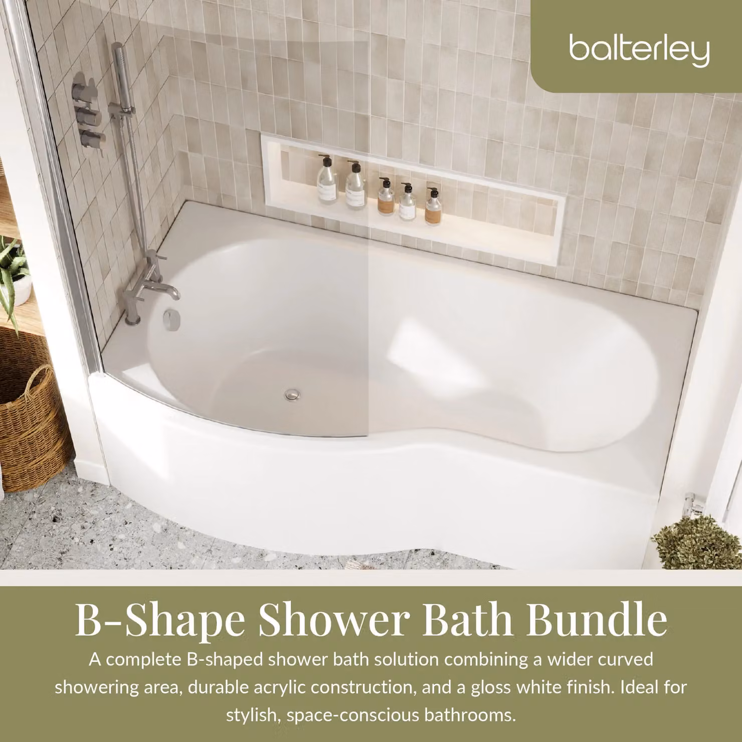 Balterley Left Hand B Shape Shower Bath with Glass Screen and Front Panel, White, W: 170 cm, D: 90 cm, H: 41.5 cm – 2