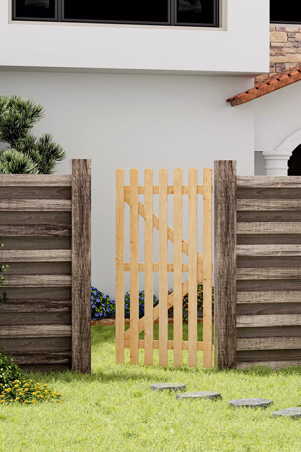 Living and Home Garden Wood Fence Gate with Latch in Brown, W/H: 90 x 180 cm – 3