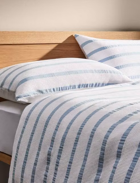 M&S Blue Mix Striped Waffle Cotton Duvet Cover and Pillowcase Set, W: 140 cm, L: 200 cm