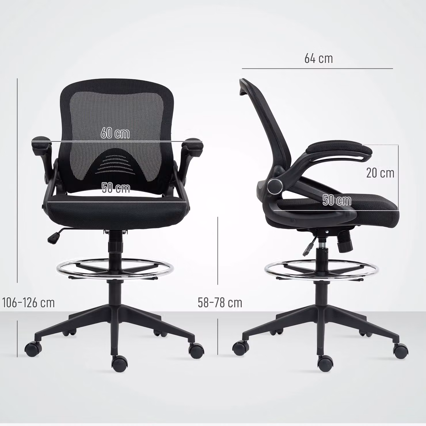 Vinsetto Black Mesh Drafting Stool with Height Adjustment and Swivel Function – 3