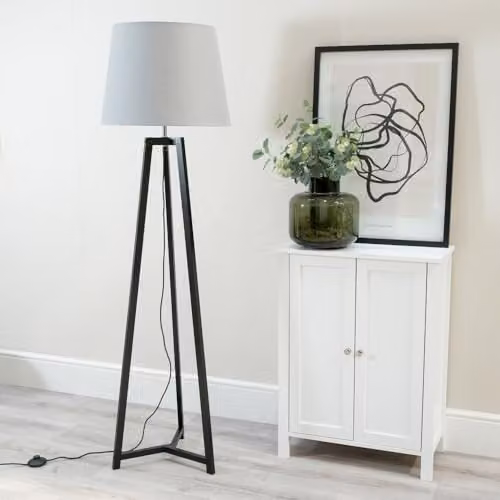 ValueLights Black Wood Tripod Floor Lamp with Grey Tapered Fabric Lampshade and Included LED Bulb – 2