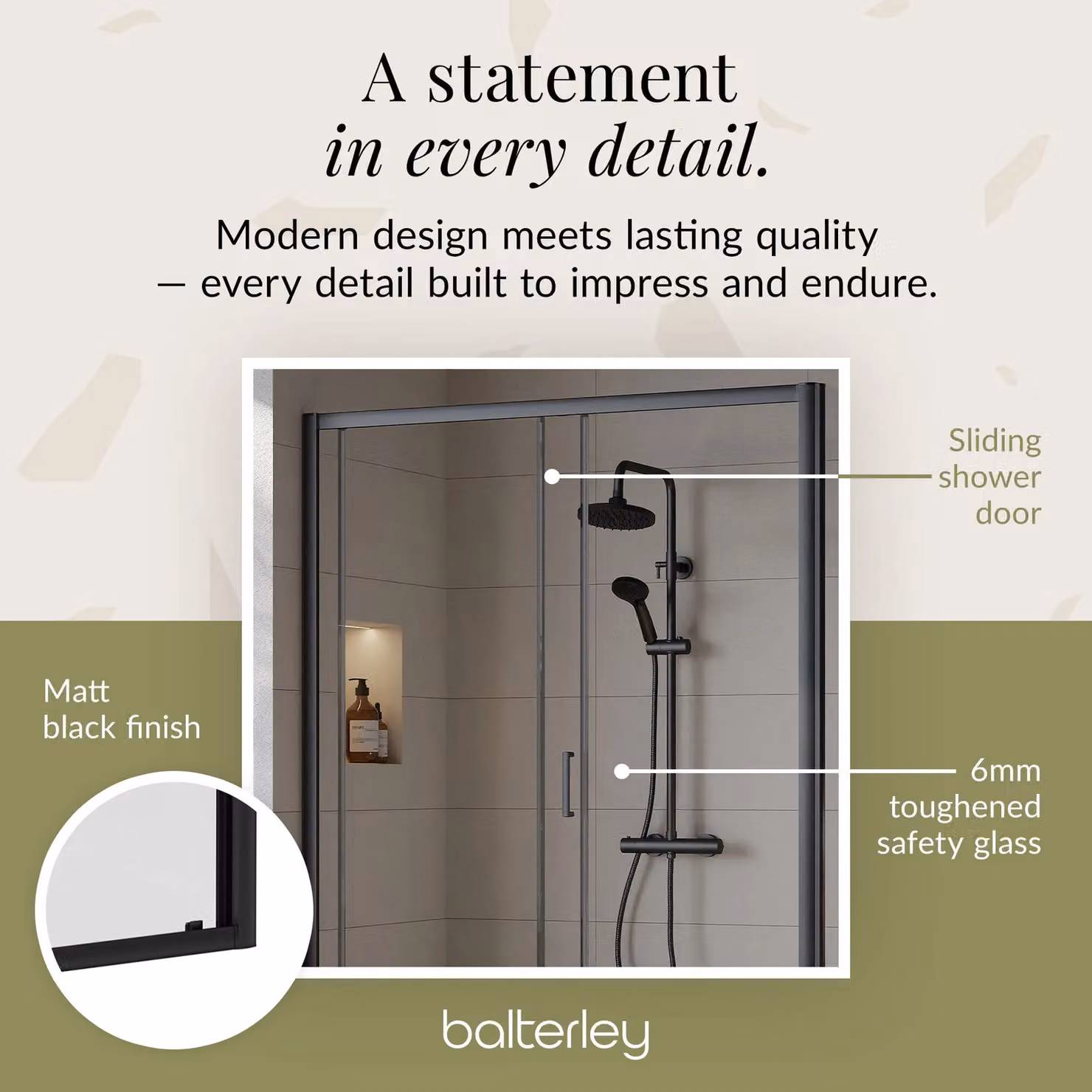 Balterley Ruwa Sliding Shower Suite with Rectangular Tray and 6mm Glass Door Panel, Black, W: 1400 mm, D: 800 mm, H: 190 mm – 4