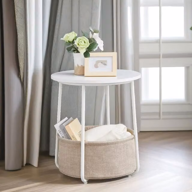 FURNOS Side Table with Removable and Washable Storage Basket in Beige, W/D/H: 45 x 45 x 50 cm