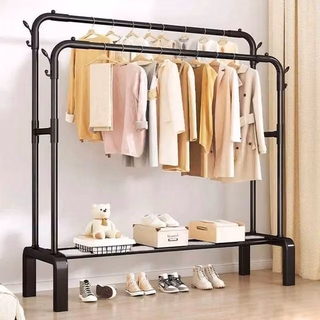 VOGREX Black Metal Clothes Hanger Stand Garment Rack with Bottom Shoe Shelf, H: 160.0 cm, W: 102.0 cm