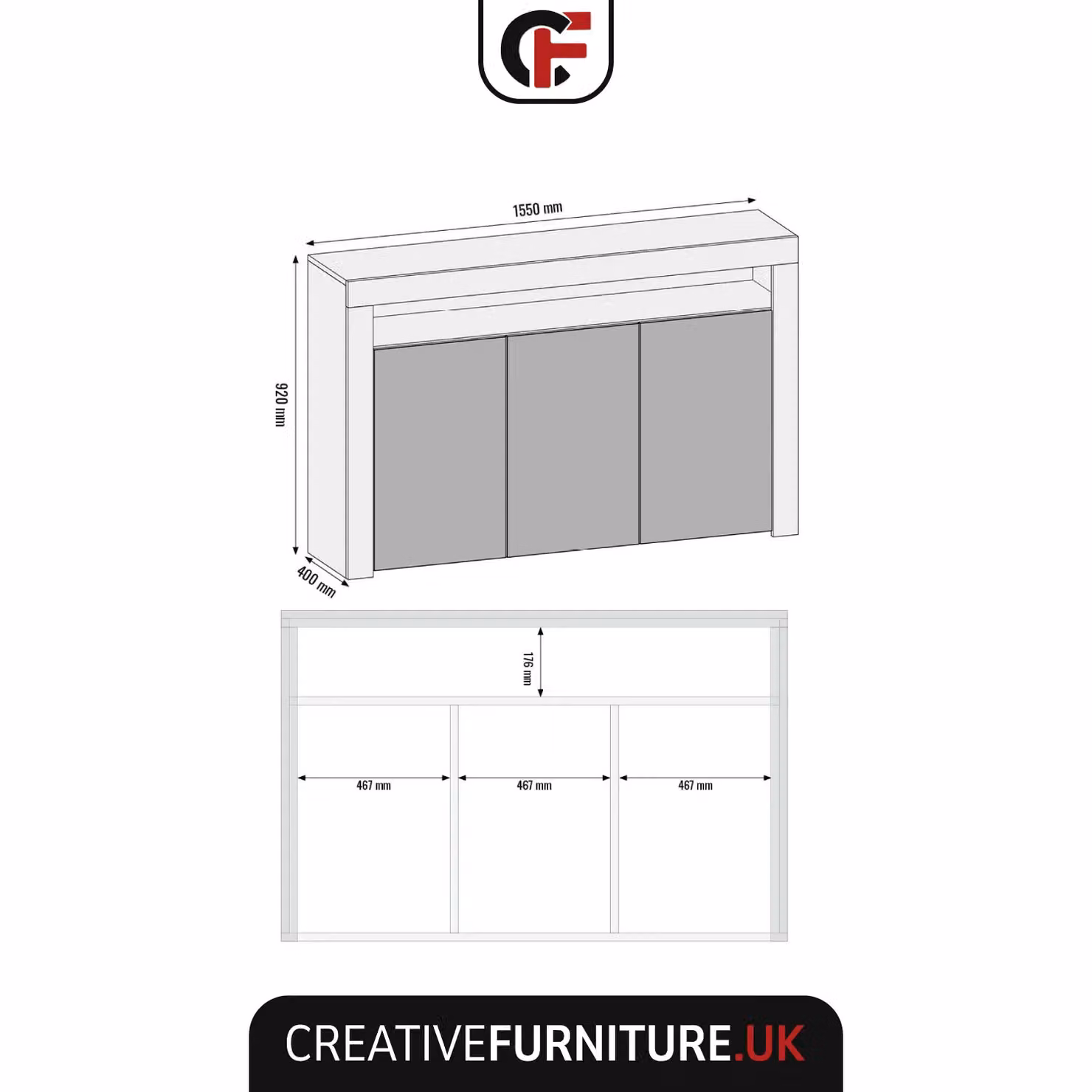 Mex Furniture LTD Modern Black Gloss Sideboard with Integrated LED Lighting, W: 155 cm, H: 92 cm, D: 40 cm – 4