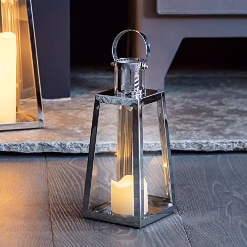 Lights4fun Trapeze Silver Stainless Steel Decorative LED Battery Operated Candle Lantern with Timer, Height: 21 cm – 2
