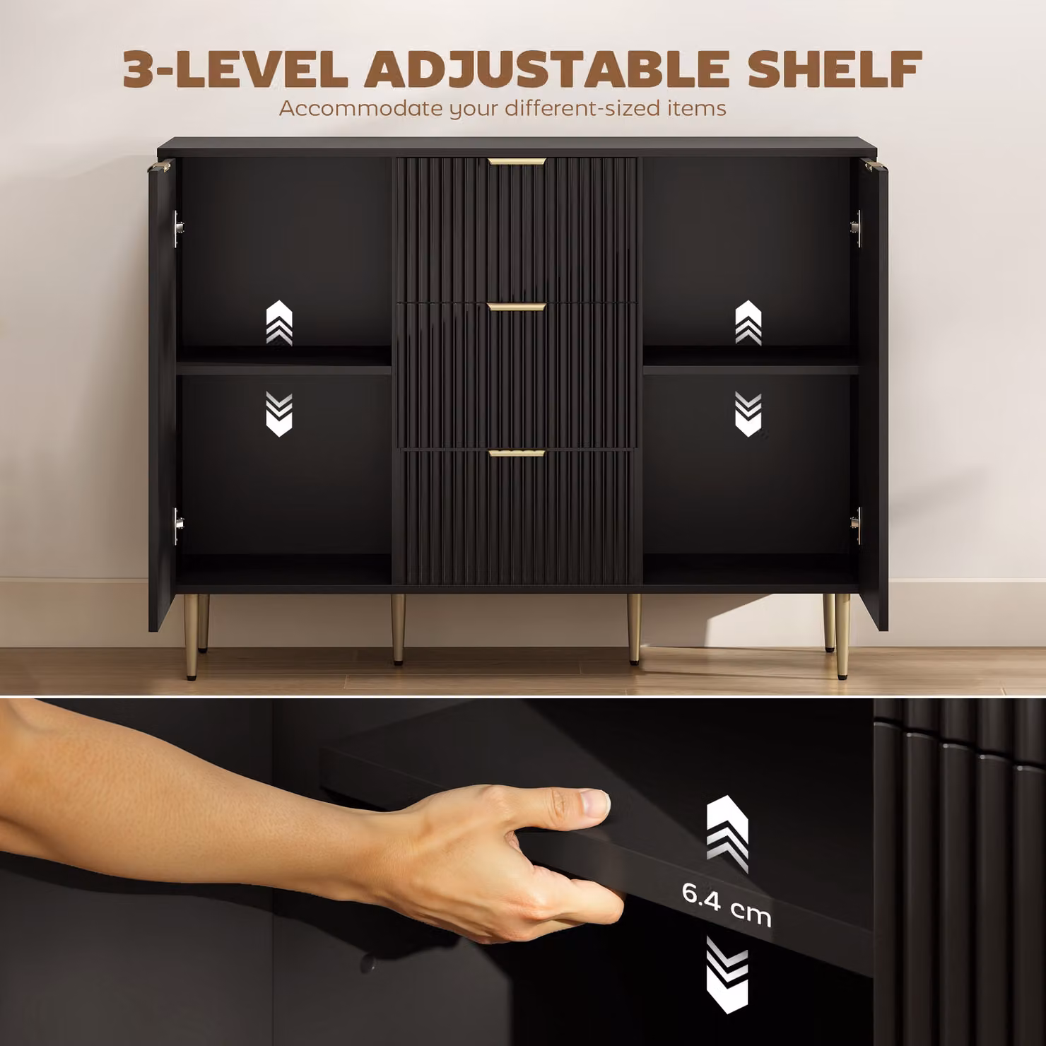 HOMCOM Modern 2-Door Sideboard with 3 Drawers and Adjustable Shelves in Black and Gold – 5