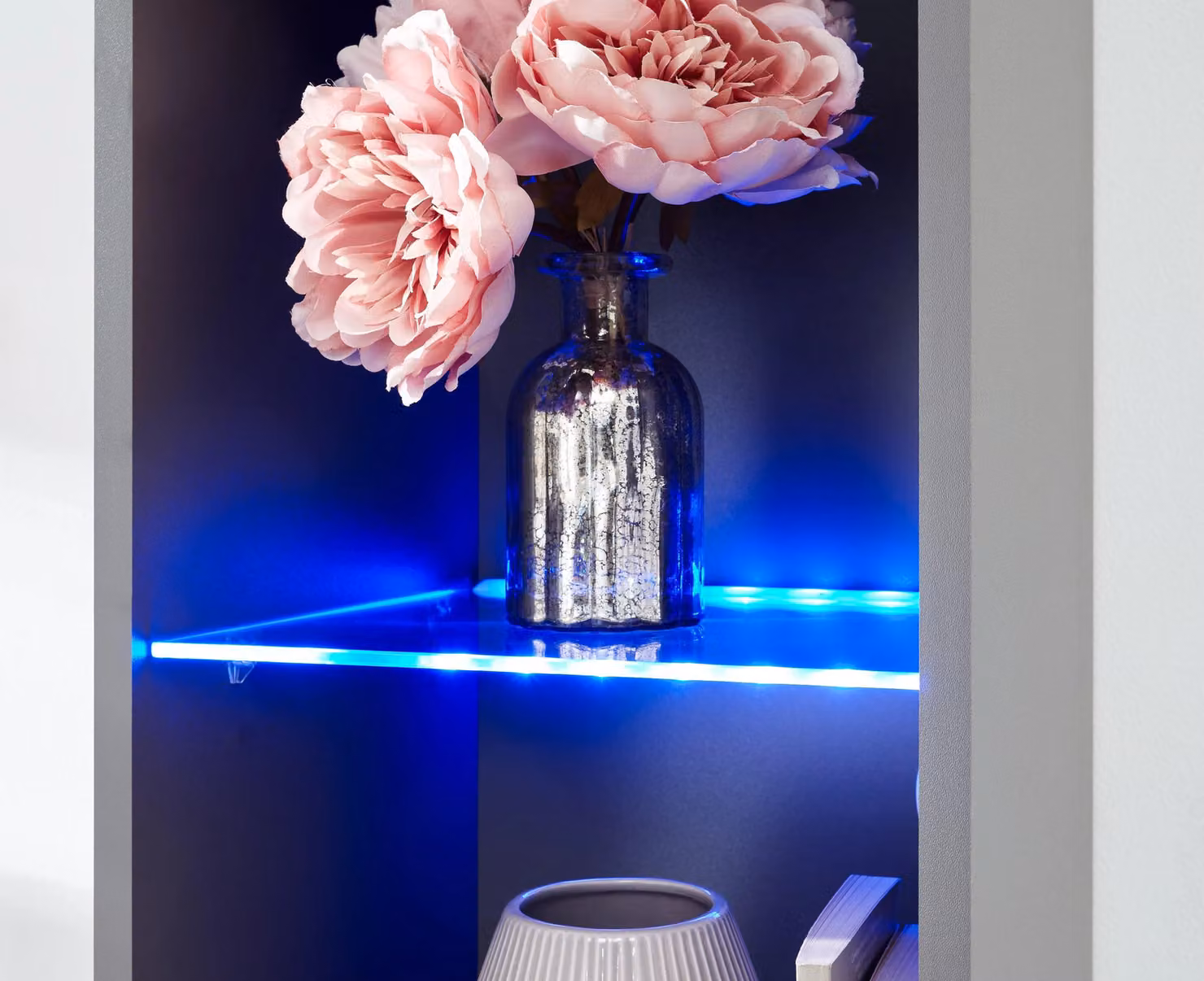 GFW Galicia Tall Shelf Unit with LED Lighting in Grey Glossy Finish – 4