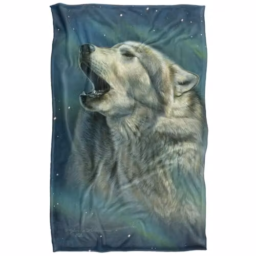 JQ Licensing Howling Wolf Aurora Super Soft Snuggle Blanket, Blue Multicolour, W: 91.44 cm, H: 147 cm