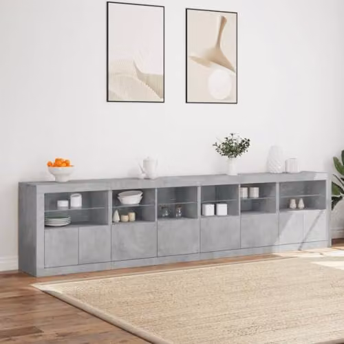 vidaXL Modern LED Sideboard Cupboard in Grey Concrete Finish with Engineered Wood and Glass and Integrated RGB Lighting – 2