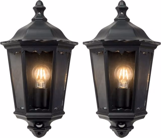First Choice Lighting Sienna Set of 2 Black IP44 Half Lantern Wall Lights with PIR Motion Sensor – 1
