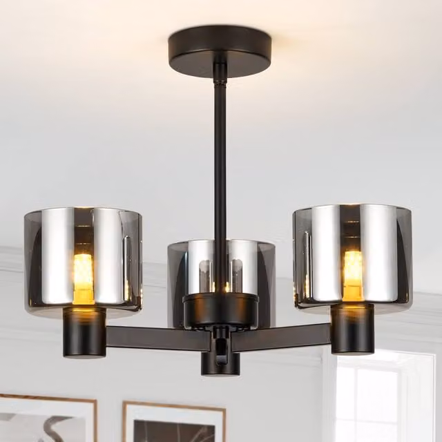 Harper Living Modern 3-Light Semi Flush Ceiling Lamp with Grey Smoked Glass Shades and Matt Black Metal Finish – 1