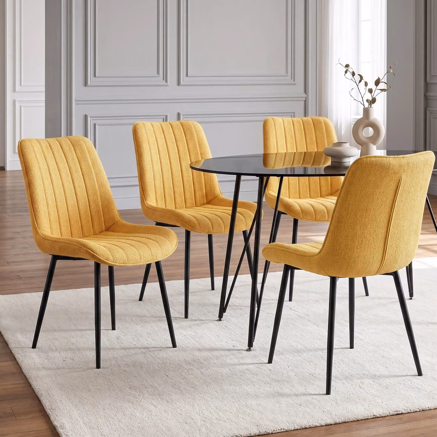DHS Set of 4 Mustard Vertical Lining Fabric Dining Chairs with Metal Legs