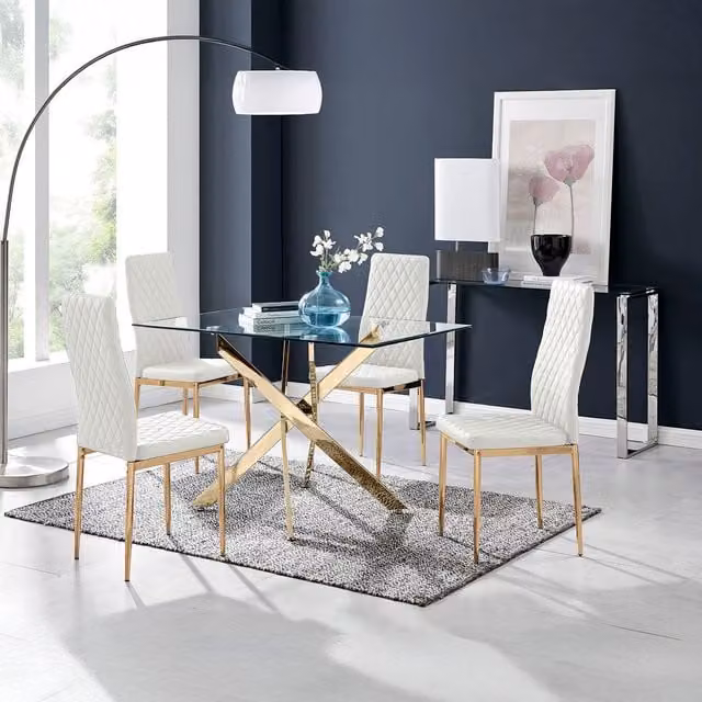 FurnitureboxUK Leonardo Dining Table with Four Milan Chairs in White and Gold